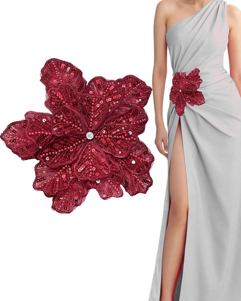 SAIXCCS 1pc Handmade Large Flower Rhinestone Applique for Clothes, Sparkly Sequin Beaded Patches for Wedding Dress, Embroidery Lace Sewing Patches for Bodice Hat Jean Jacket (Burgundy) - Image 1